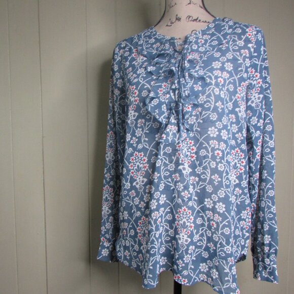 Ann Taylor Loft Sheer Blouse XS Ruffle Floral Blue Red White Long Sleeve - Picture 2 of 11